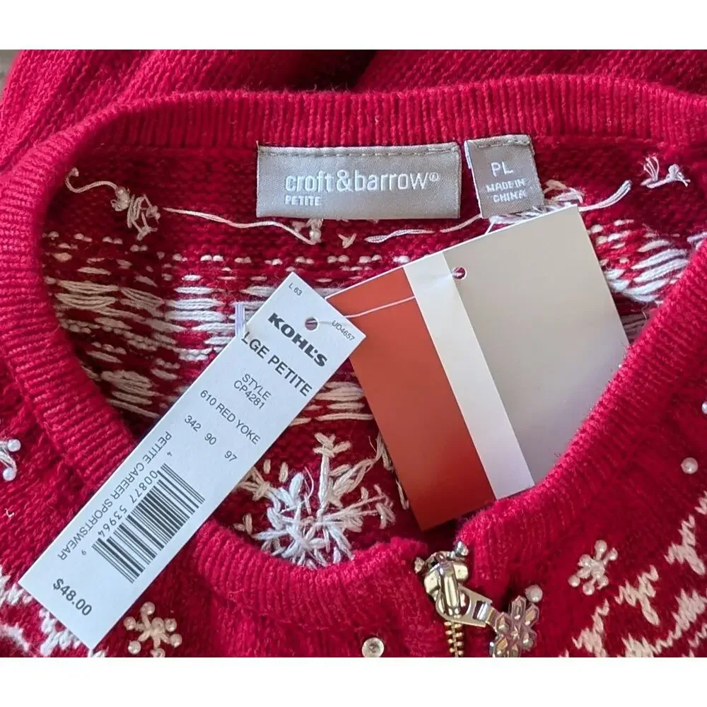 Croft & Barrow Cardigan Sweater Petite Large Red Fair Isle Snowflake Beaded NEW